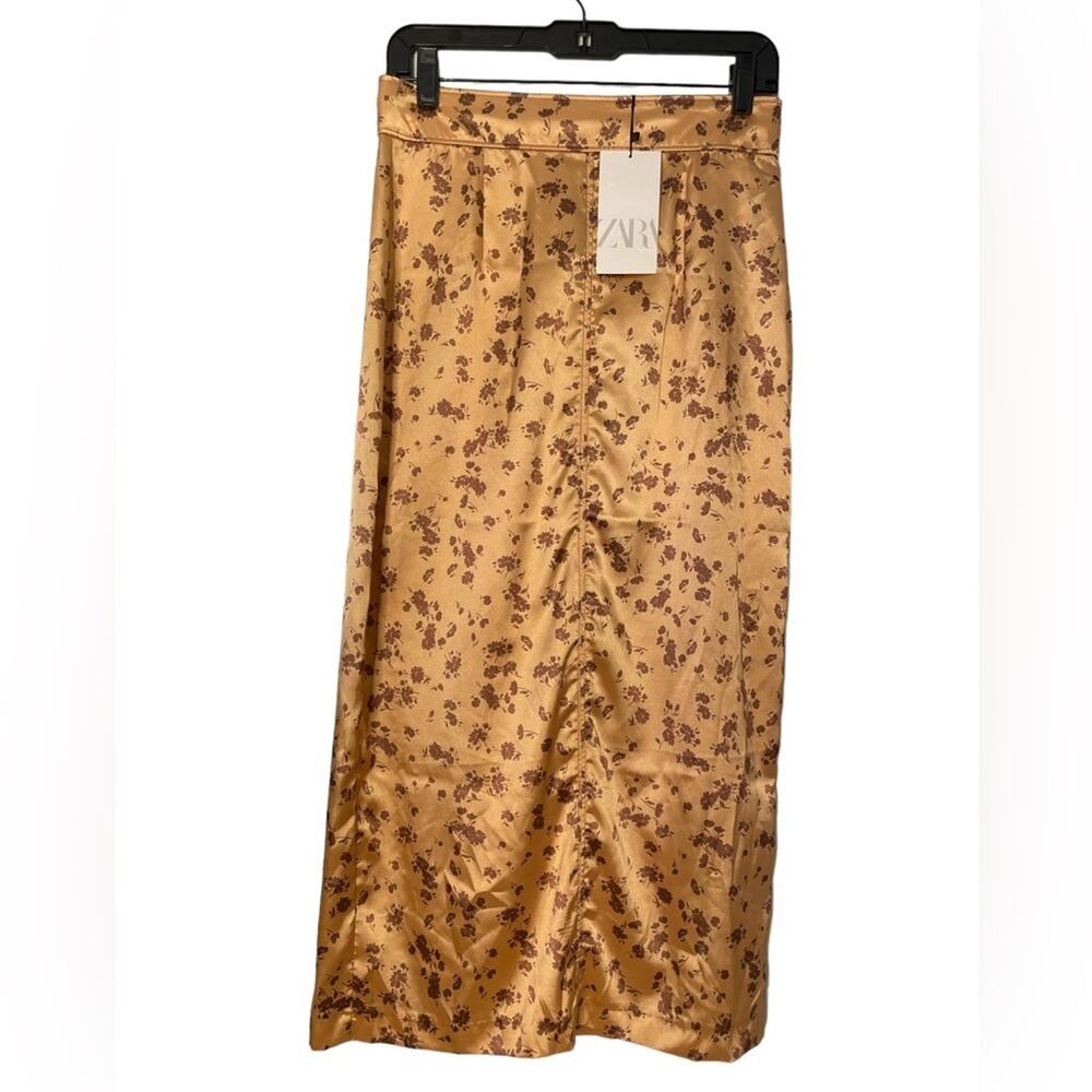 NWT Zara Midi SKIRT Womens M Gold Floral Silk High Waisted Slit Casual Classy